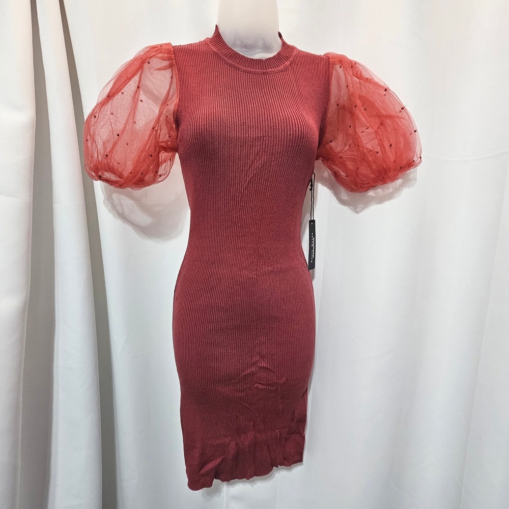 Haute Monde Rose/Mauve Ribbed Bodycon Dress Mesh Puff Polka Dot Sleeve Sz Small